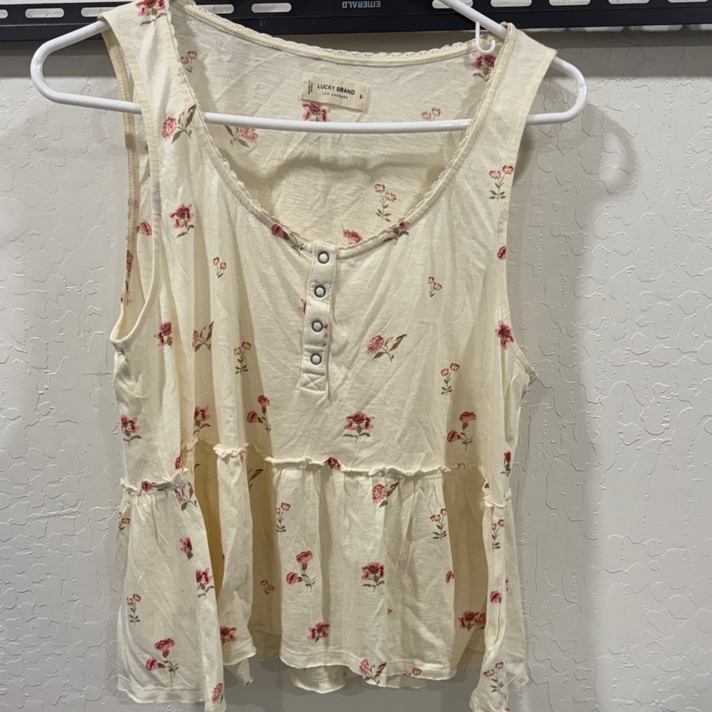Lucky Brand Cream and Pink Floral Tank Top